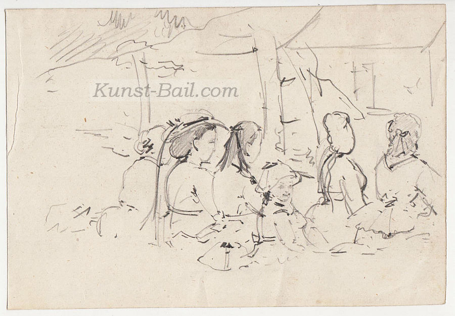 Josef Büche, 5 Skizzenblätter (davon 3 mit weiteren Skizzen verso), Figurenstudien - Frauen tlw. mit Kindern bei Freizeitgestaltung, Ballspiele, Spaziergang, Picknick ect, Frauen bei der Küchenarbeit, Landschaft mit Hütte, Studie alter Mann, Bleistift, um 1890-image