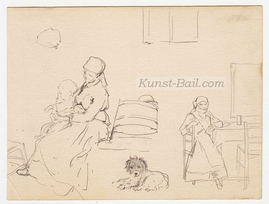 Josef Büche, 2 Skizzenblätter (davon 1 mit weiteren Skizzen verso), Figurenstudien -  Bäuerin mit Kleinkind und Hund, Junge beim Hemdanziehen, Kleinkind, Bleistift auf Papier, um 1890-image