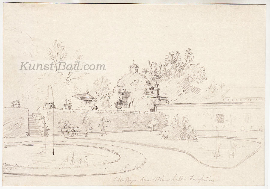Josef Büche, Schloßgarten Mirabell Salzburg, Bleistifzeichnung, um 1890, rückseitig mit Skizze "Zwölferkogel"-image
