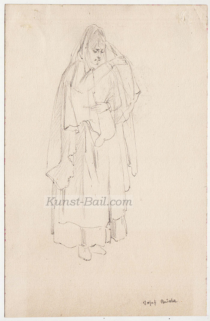 Josef Büche, 2 Skizzenblätter (beide mit weiteren Skizzen verso), Südtirolerin in Trauerkleidung, Gebäude in Trient ect., Bleistift, um 1890-image