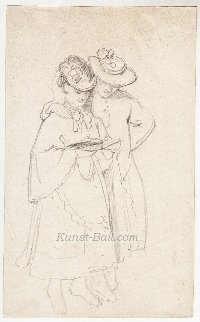 Josef Büche, 4 Skizzenblätter (davon 1 mit weiterer Skizze verso), Frauendarstellungen, Bleistift, um 1890-image