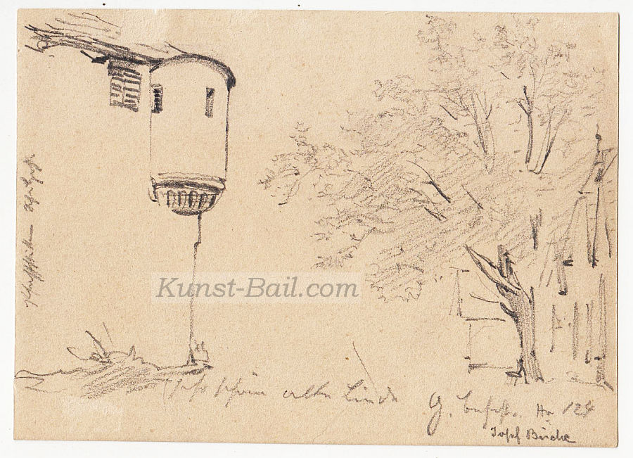 Josef Büche, 14 Skizzenblätter (davon 8 mit weiteren Skizzen verso), Bauernhöfe bzw. Details davon, Brunnen, Dorfansichten, Pflanzenstudien, Bleistift auf Papier, um 1890-image