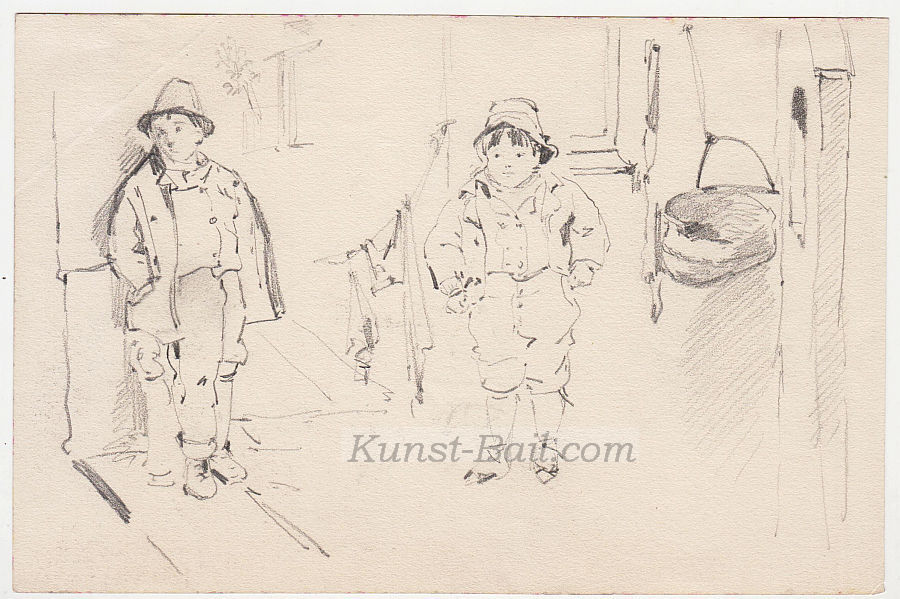Josef Büche, Zwei Bauernbuben, verso verschiedene Gegenstände und Pflanzenstudie, Bleistift, um 1890-image
