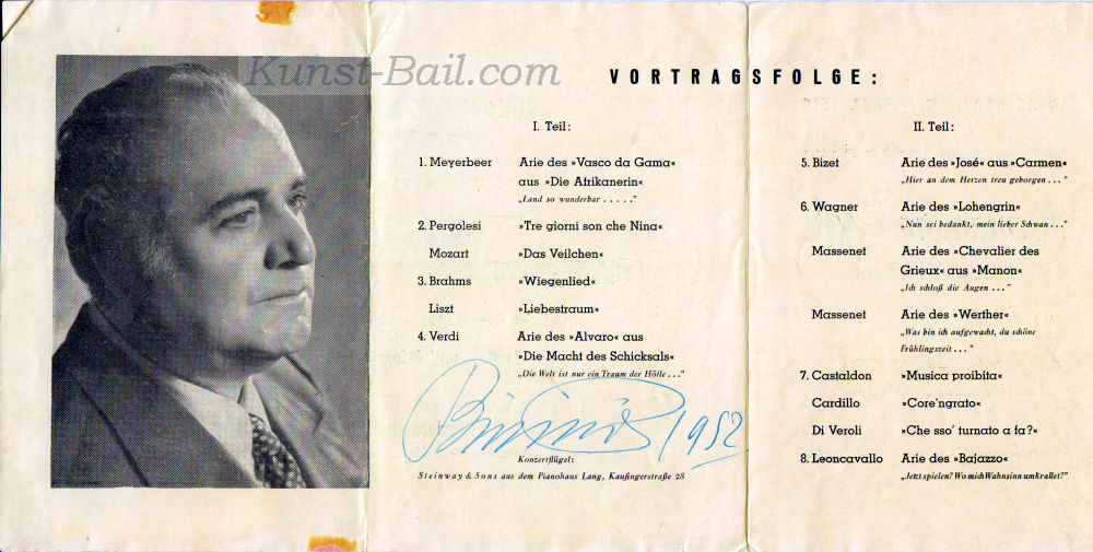 Beniamino Gigli, Autogramm auf Programmzettel, München 1952-image