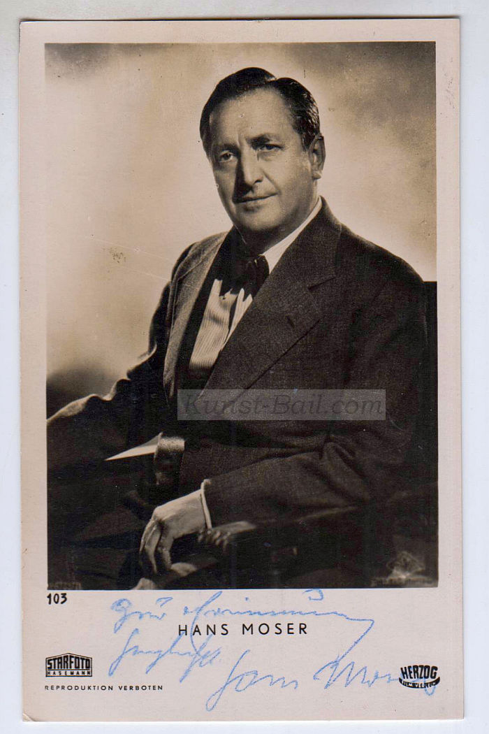 Hans Moser, Autogramm mit Widmung auf Bildpostkarte, München 1953-image