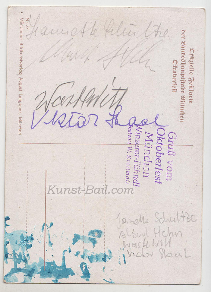 Wastl Witt, Victor Staal, Jeanette Schultze, Albert Hehn, 4 Autogramme auf Oktoberfestkarte, 1953-image