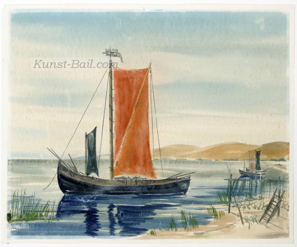 Unbekannter Künstler, Küstenlandschaft mit Fischerbooten, Aquarell, monogrammiert G. R., um 1950