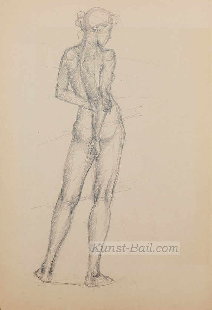 Unbekannter Künstler, zwei Aktzeichnungen derselben jungen Frau, Bleistift, um 1980-image