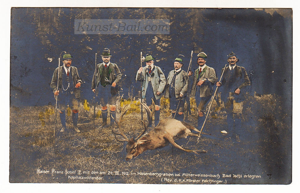 Kaiser Franz Josef I. mit dem am 24. 8. 1912 .... erlegten Kapitalzwölfender, kolorierte Postkarte-image