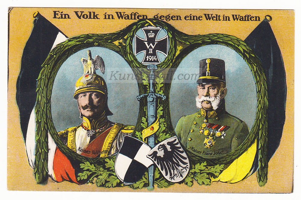 Postkarte Kaiser Wilhelm II & Kaiser Franz Josef I., „Ein Volk in Waffen gegen eine Welt in Waffen“, Farblithographie, 1914-image