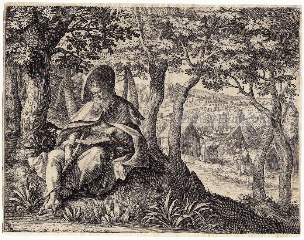 Raphael Sadeler nach Marten de Vos, St. Disibod mit seinen drei Gefährten, Kupferstich, 1594-image