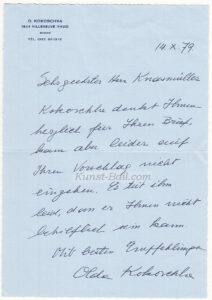 Olda Kokoschka, eh. Brief im Namen ihres Gatten Oskar, 1979-image