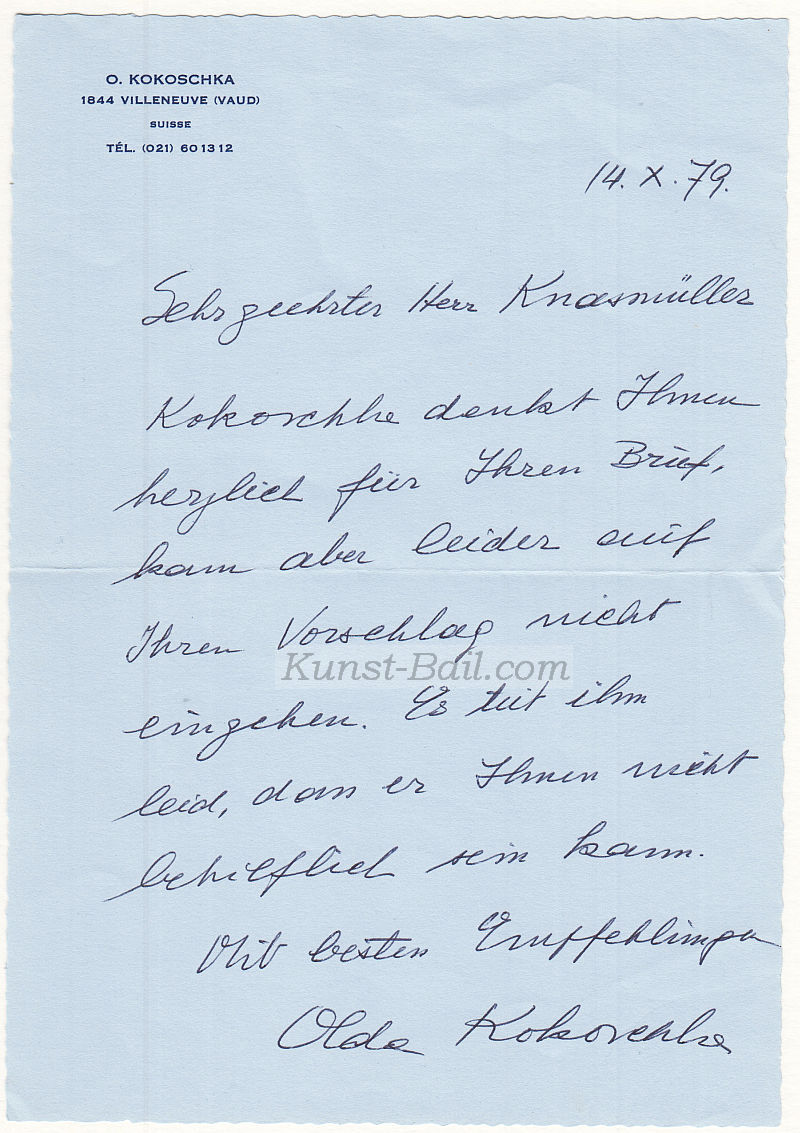 Olda Kokoschka, eh. Brief im Namen ihres Gatten Oskar, 1979-image