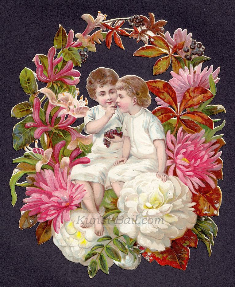 Oblatenbildchen – Zwei Kinder mit Weintrauben in Blütenranken, um 1900-image