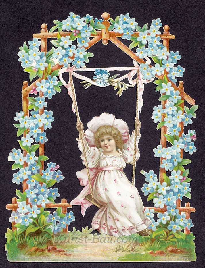 Oblatenbildchen – Mädchen auf blütenumrankter Schaukel, um 1900-image