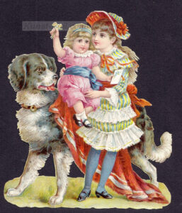 Oblatenbildchen – Ein Mädchen mit Kleinkind im Arm und großem Hund, um 1900-image