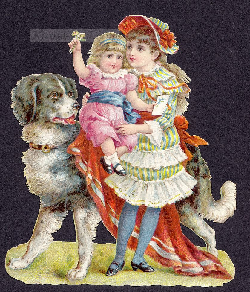 Oblatenbildchen – Ein Mädchen mit Kleinkind im Arm und großem Hund, um 1900-image