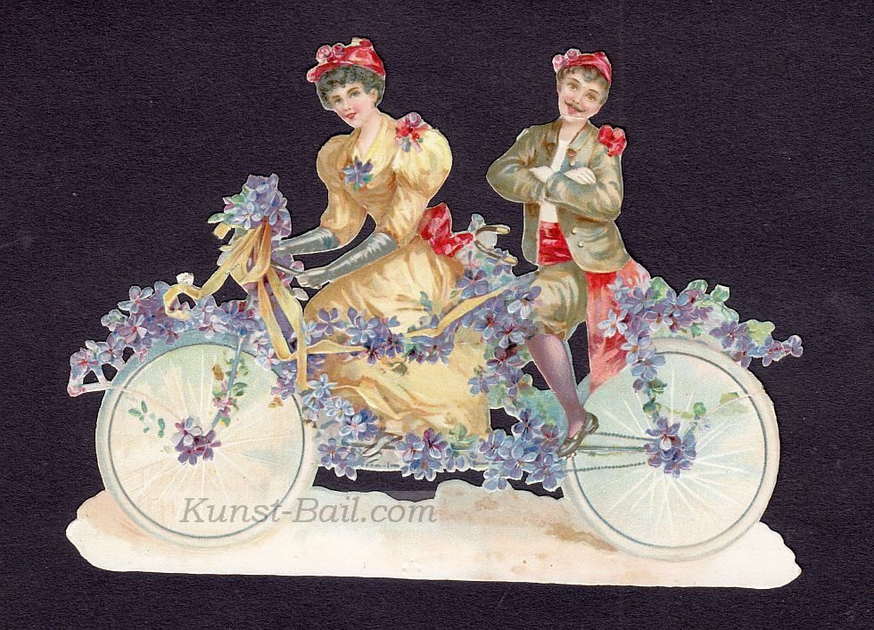 Oblatenbildchen – ein junges Paar auf einem Tandem, um 1900-image