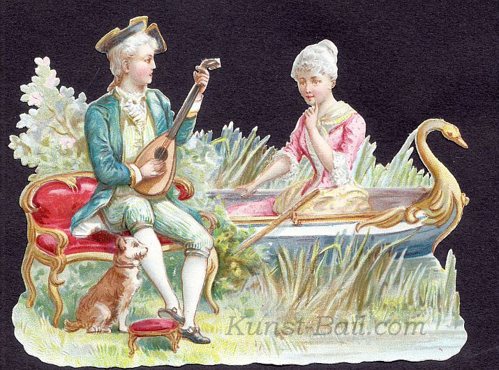 Oblatenbildchen – Junge Frau im Boot von einem jungen Mann mit Laute besungen, um 1900-image