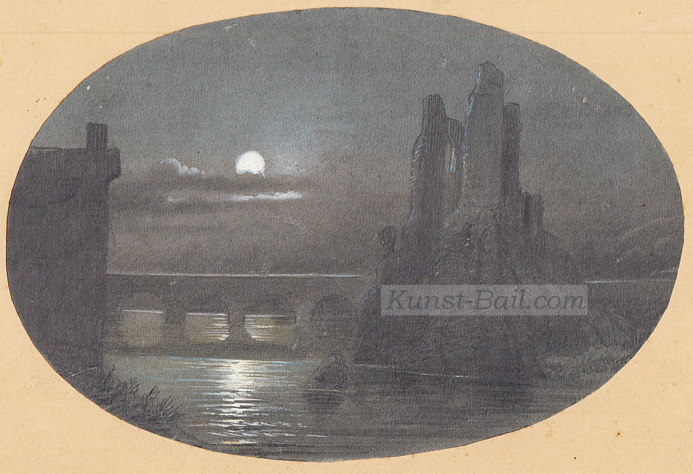 Jean-Baptiste Louis Hubert, nach, nächtliche Flusslandschaft mit Viadukt und Burgruine, Mischtechnik, um 1850-image