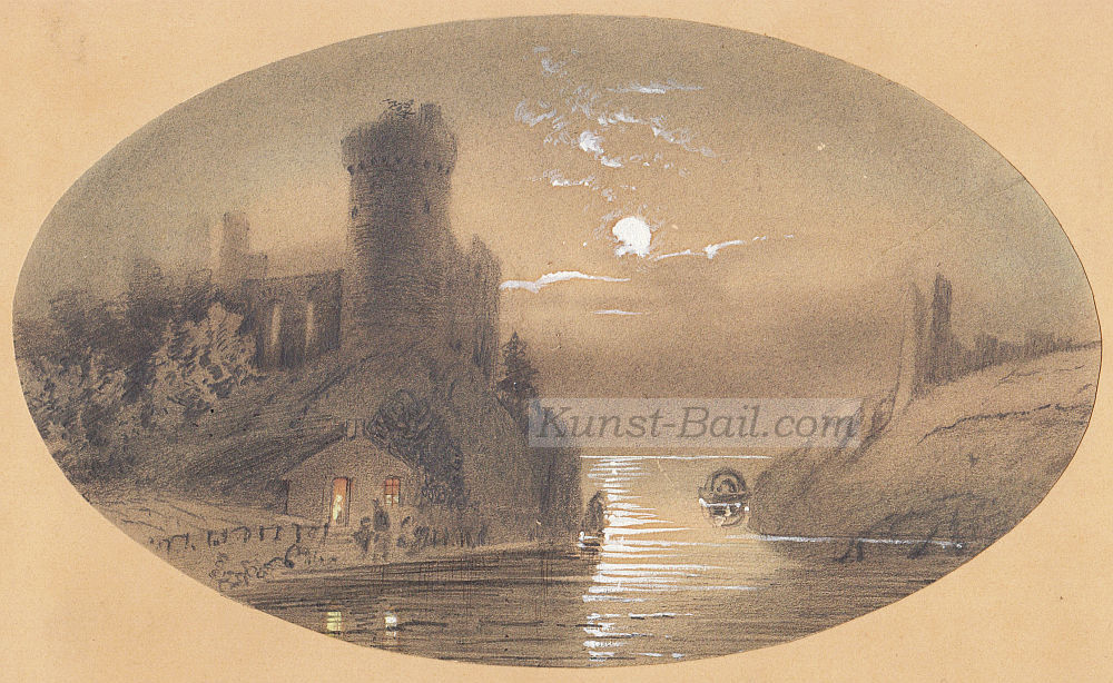 Unbekannter Künstler, nächtliche Flusslandschaft mit Burgruine, Mischtechnik, um 1850-image