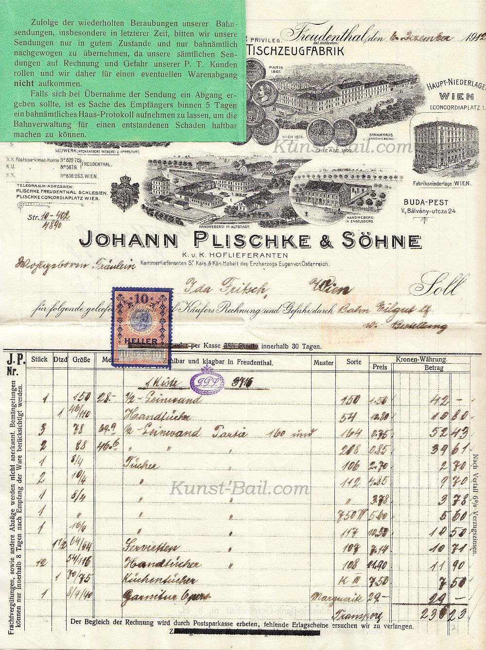 Johann Plischke & Söhne, Leinen u d Tischzeugfabrik in Freudenthal, 3 Rechnungen, 1912-image