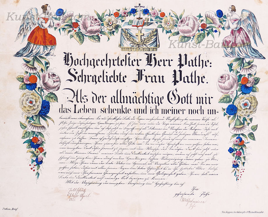 Patenbrief, handkolorierte Lithographie, Neu Ruppin 1855-image