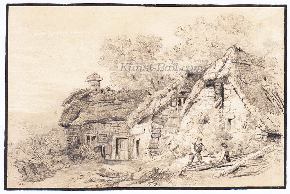 Unbekannter Künstler, Bauernhof mit Personenstaffage, Bleistift und schwarze Tusche, um 1850-image