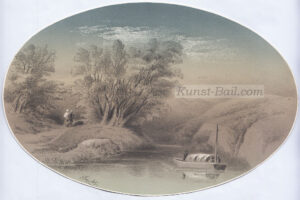 Unleserlich signiert (G. Schenkl ?), nächtliche Flusslandschaft mit Boot und Personenstaffage, Mischtechnik, um 1850-image