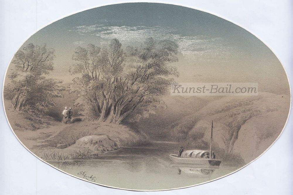Unleserlich signiert (G. Schenkl ?), nächtliche Flusslandschaft mit Boot und Personenstaffage, Mischtechnik, um 1850-image