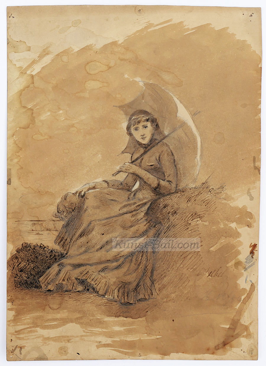 Unleserlich signiert, Junge Dame mit Sonnenschirm, Tuschfeder, Tusche laviert, 1884-image