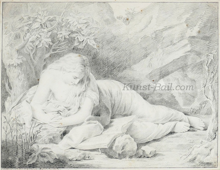 Pompeo Battoni, NACH, die büßende Magdalena, Kohlezeichnung, 19. Jhdt.-image