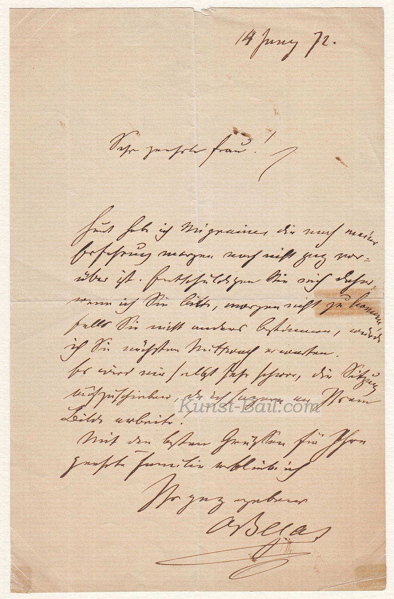 Adalbert Begas, eigenhändiger Brief mit Unterschrift, 1872-image