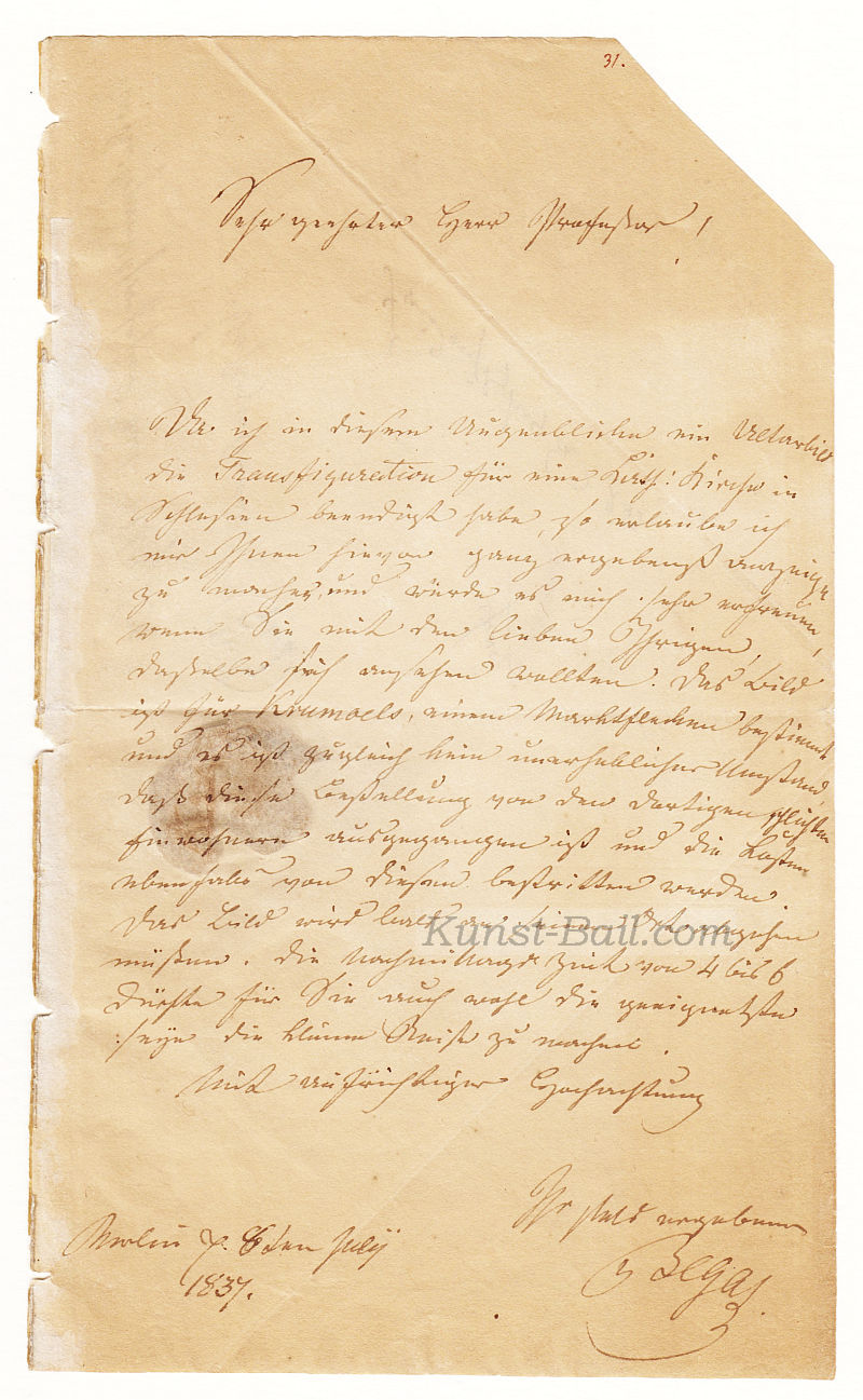 Carl Joseph Begas, eigenhändiger Brief mit Unterschrift,1837-image