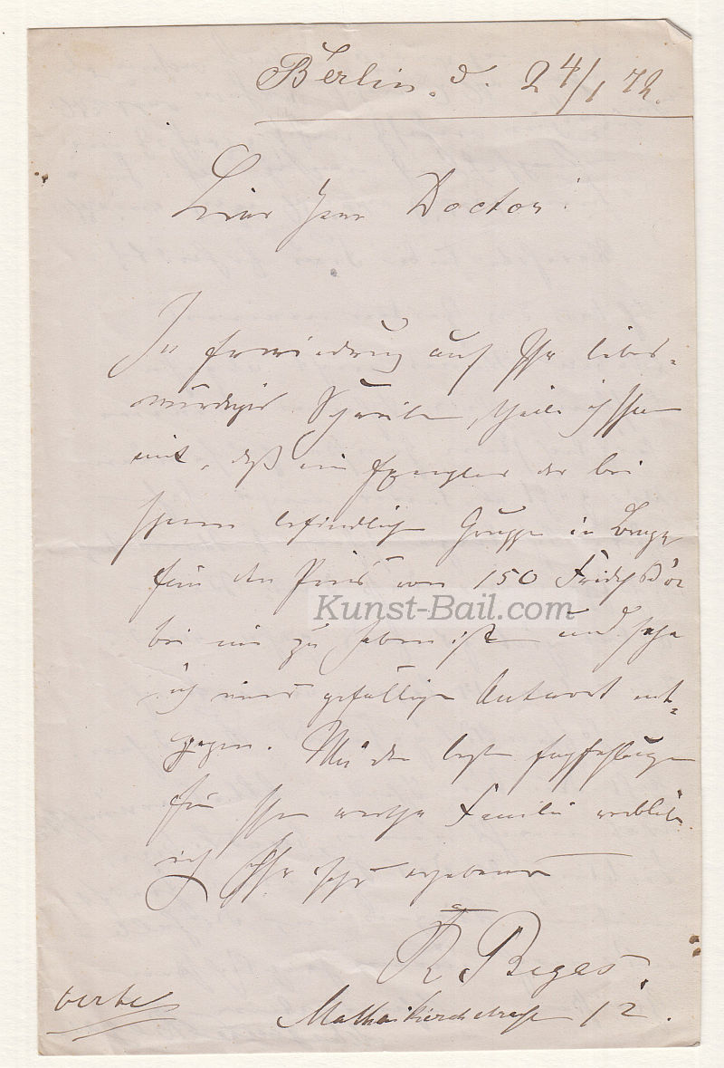 Reinhold Begas, eigenhändiger Brief mit Unterschrift, 1874-image