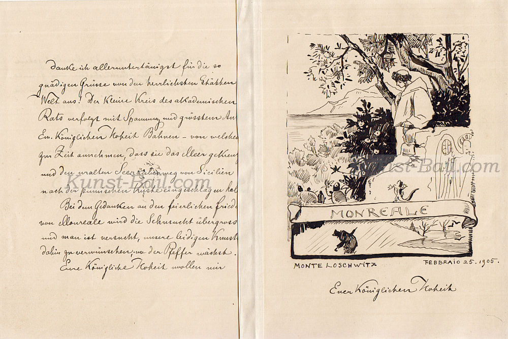 Hermann Prell, eigenhändiger Brief mit Unterschrift und Tuschzeichnung, 1905-image
