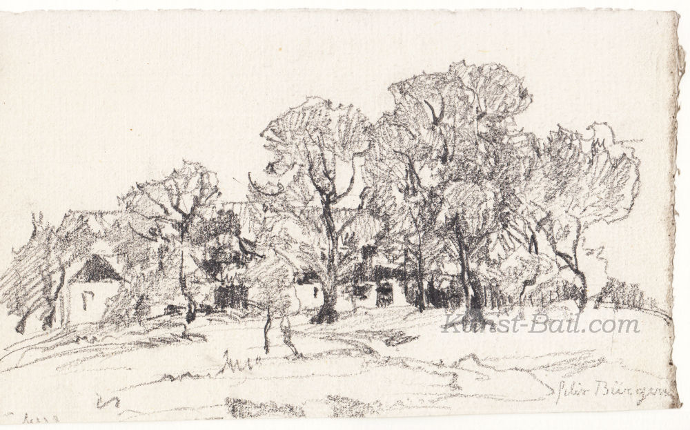 Felix Bürgers, Landschaft mit Bäumen und Gehöft, Kohle, signiert-image