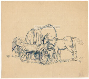 Moritz Ledeli, Pferdewagen mit 2 Pferden, blaue Tusche, monogrammiert, um 1880/1900-image